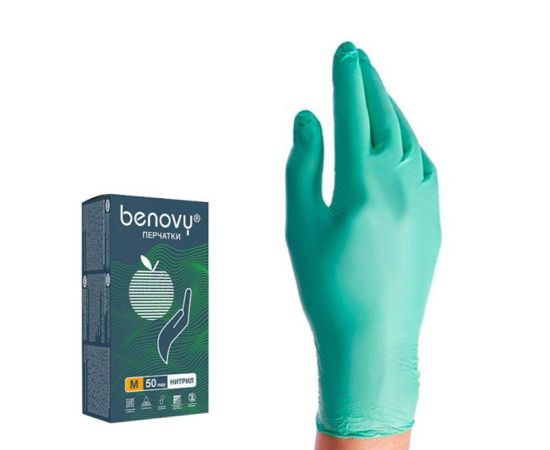Перчатки нитрил. M Benovy, зеленые, 100 шт/упак. Перчатки нитрил. M Benovy, зеленые, 100 шт/упак.